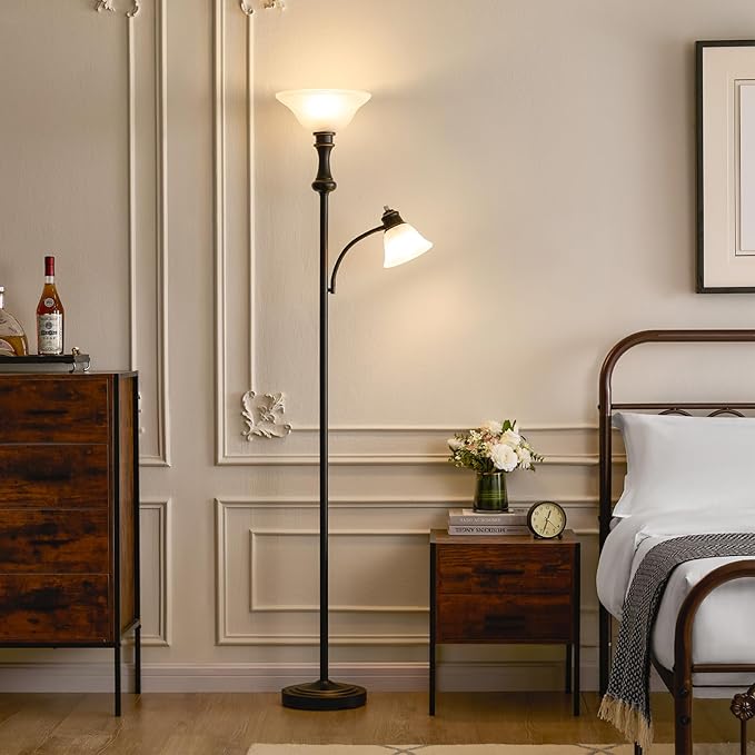 71'' Torchiere Floor Lamp for Bedroom with Glass Shade, Tall Floor Lamps for Living Room with Adjustable Angle Arc Reading Light, Modern Standing Light, Knob Switch, Bulb Included, Black