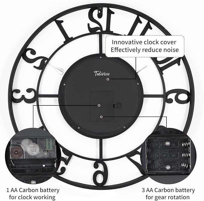 24In Large Wall Clocks for Living Room Decor with Moving Gears,Large Wall Clock Industrial Steampunk,Oversized Metal Analog Wall Clocks for Home Battery Operated (Accessories Color May Vary)