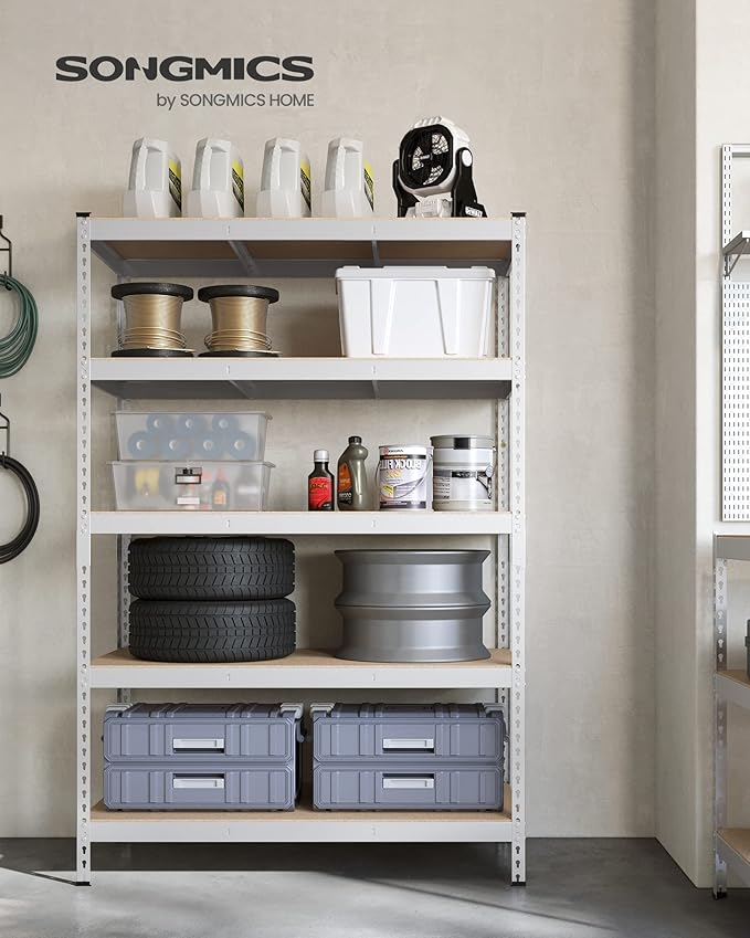 SONGMICS 5-Tier Storage Shelves, Load 2310 lb, Garage Storage, Boltless Assembly, Adjustable Shelving Unit, 23.6 x 47.2 x 70.9 Inches, for Study Shed Basement, Silver and Natural Beige UGLR600E01