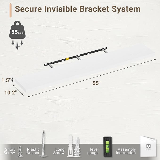 Vivelove 10 in Deep Floating Shelves for Wall, 55" x 10.2" x 1.5" Shelves for Room Wall Mounted, 1.5 Inch Thick Shelf for Bathroom Bedroom Kitchen Book Room, Modern Farmhouse Decor, Set of 2, White