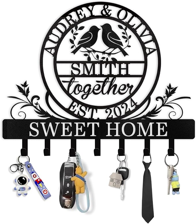 Personalized Key Holder for Wall | Metal Key Rack Wall Mount with Couple's Name | Key Rack Coat Rack Organizer | Key Hooks Wall Decorative for Bedroom Entryway Hallway | Wedding Gifts