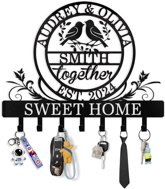 Personalized Key Holder for Wall | Metal Key Rack Wall Mount with Couple's Name | Key Rack Coat Rack Organizer | Key Hooks Wall Decorative for Bedroom Entryway Hallway | Wedding Gifts