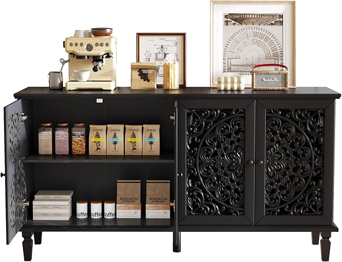 Retro 60'' Large Storage Cabinet Sideboard with 4 Hollow-Carved Doors and Adjustable Shelves, Acacia Wood Vintage Entryway Console Table TV Stand for Living Room Dining Room (Black-LK)