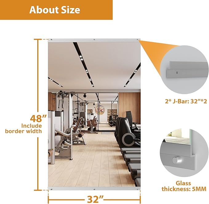 ROOMTEC Home Gym Mirror 48"x32" Frameless Wall Mounted Fitness Mirror, Large Tempered Glass Full Length for Yoga, Dance Studio, Workout Room