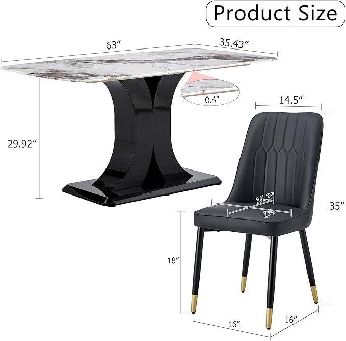 Modern Dining Table Set for 6, Marble Kitchen Table Chair Set for 6, Rectangular Kitchen Table with 6 Pu Leather Upholstered Chair for Dining Room