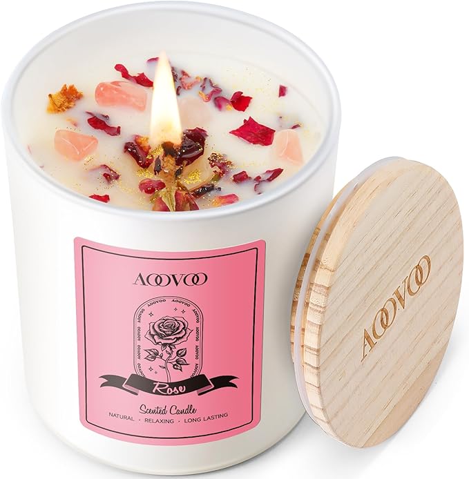 AOOVOO Rose Scented Candles for Women - Aromatherapy Candle with Crystals Inside, 10oz Soy Candles for Home Scented, Birthday Gifts Christmas Candle for Mom Women
