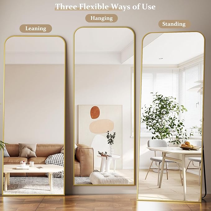 Full Length Mirror 56"x21" Arched Floor Standing Large Mirrors Full Body Mirror with Stand - with Aluminum Frame for Bedroom Living Room, Gold