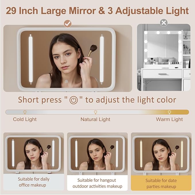 Solid Wood Vanity Desk with Mirror and Lights,Adjustable Height and Brightness, Makeup Vanity with 3 Drawers,Semi-Assembled,Dressing Table for Bedroom (White)