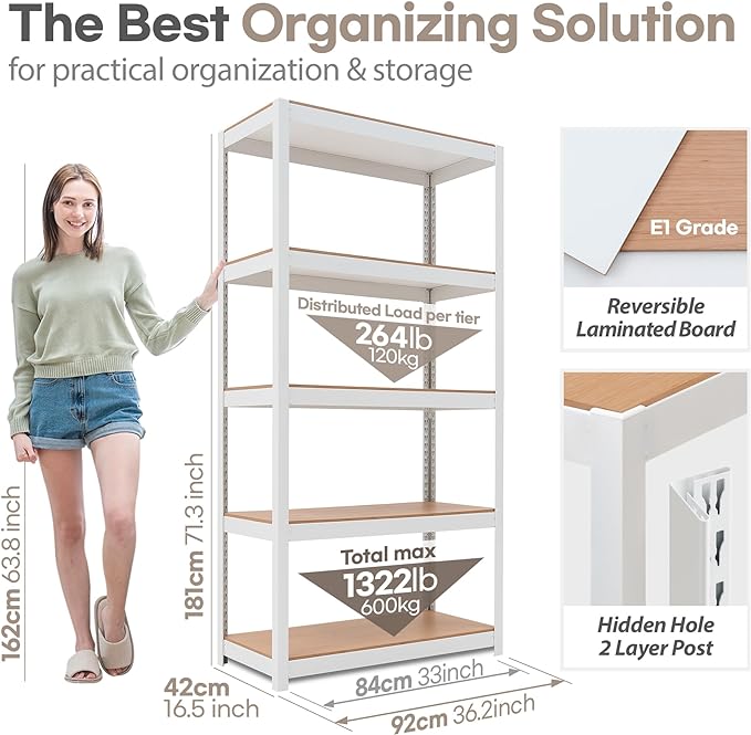 HOMEDANT House 5 Tier Laminated Metal Shelving Unit Adjustable Storage Utility Rack Heavy Duty Shelves Organization Multipurpose Shelf Kitchen Garage Pantry Closet (1, (M) 36.2" W, White)