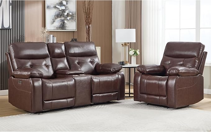 CANMOV Genuine Leather Power Recliner Sofa Set, Power Recliner Chair and Loveseat Set, 2 Pieces Leather Couch with Storage Console, USB Ports, Cup Holders for Living Room,Dark Brown