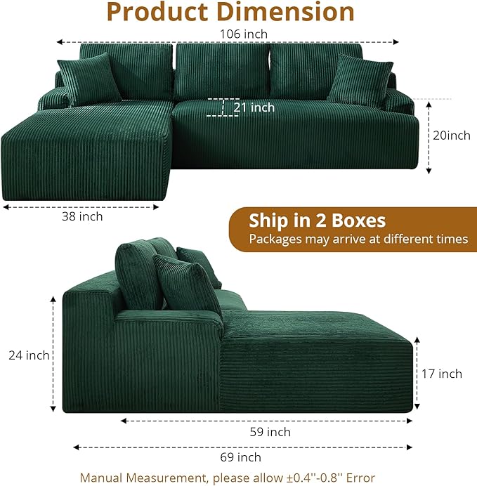 Sectional Cloud Couch for Living Room L Shaped Couch with 3 Seat Ind. Chaise Longue Corduroy Fabric Boneless Modular Modern Sofa with Pillows for Apartment and Small Space