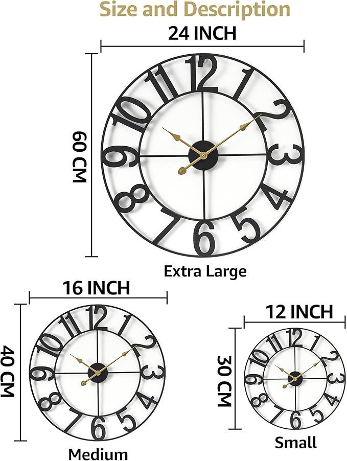 Sorbus 24-Inch Large Wall Clock – Decorative Black Metal Clock with Gold Hands – Silent, Battery Operated, Modern Wall Decor for Living Room, Kitchen, or Office – Great Gift for Housewarming or Office