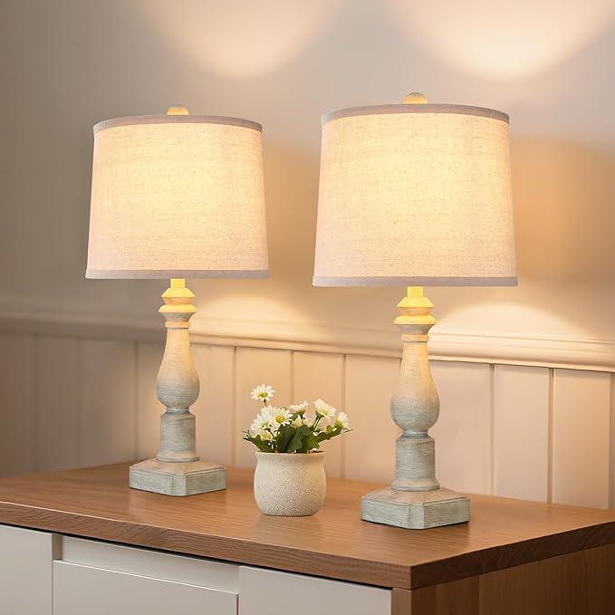 RORIANO 23'' Set of 2 Rustic Table Lamps for Living Room Bedroom, Traditional Farmhouse Resin Bedside Desk Lamps for Study Room Nursery Office, 2 Bulbs Included