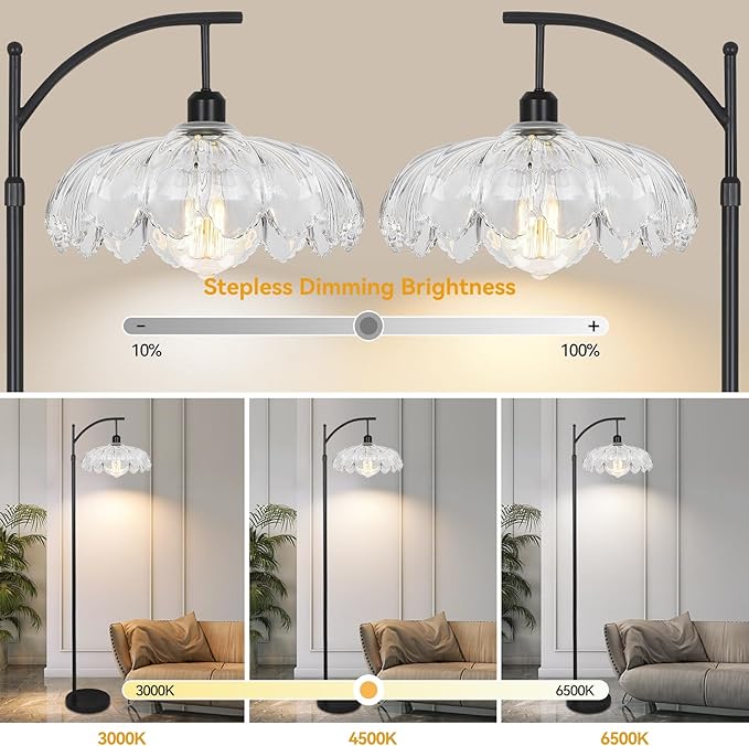 Black Floor Lamp for Living Room Bedroom with Remote,Unique Vintage Standing Tall Lamp,Mid Century Modern Floor Lamps with Dimmable Bulb,Arc Clear Glass Floor Lamps for Office Corner