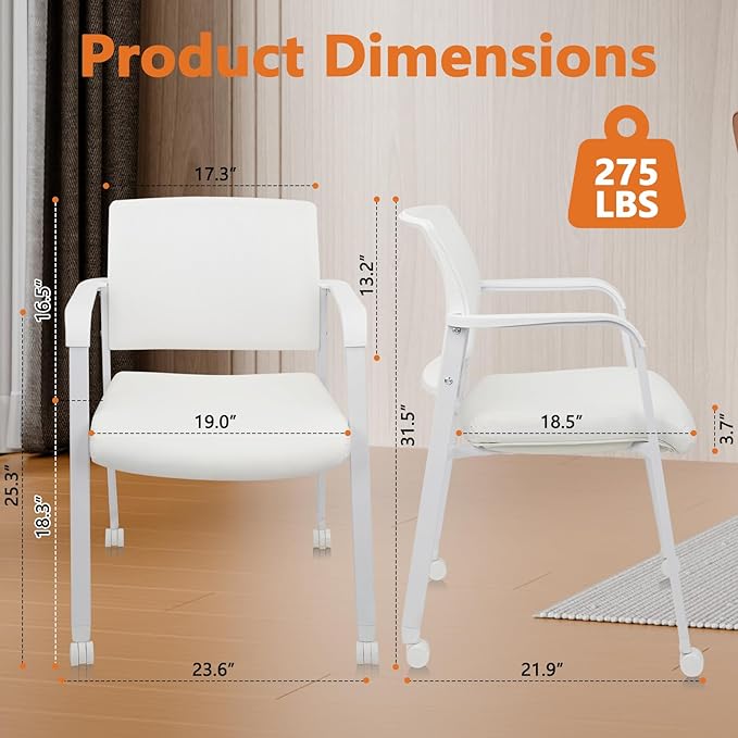 CLATINA Stacking Office Chairs | Mesh Back, Thicken Leather Seat and Arms, Ergonomic Lumber Support | Guest Reception, Waiting, Conference, School, Party, Customer, Side, Stationary | Set of 2, White