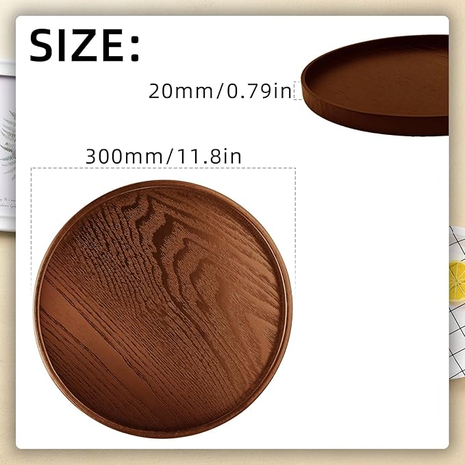 Round Solid Wood Serving Tray 30CM Brown,Decorative Wooden Serving Plate for Tea Coffee Snack Food Meals,Ottoman Breakfast Tray with Raised Edge,for Home,Kitchen,Bathroom,Party,Restaurant Decor(11.8")