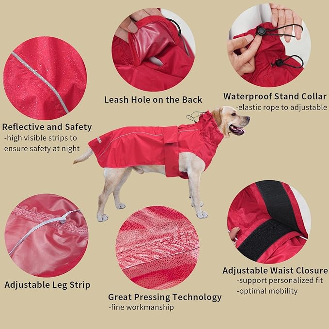Adjustable Waterproof Dog Raincoat for Dogs,Lightweight Pet Rain Jacket Puppy Clothes with Reflective Strip for Small Medium Large Dogs (Red, 3X-Large)
