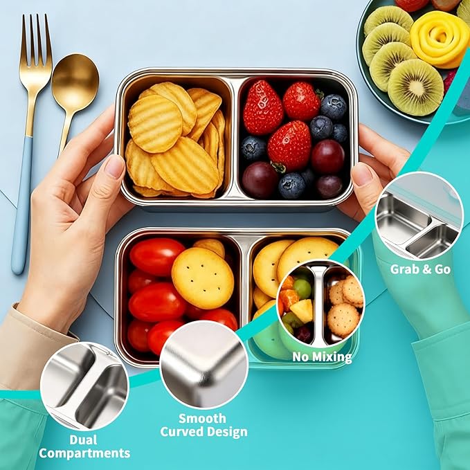 2 Pack Stainless Steel Snack Containers with Lids, Reusable Leak-Proof 2-Compartment Bento Box, Portable Food Storage Lunch Box for Work, Travel, Meal Prep