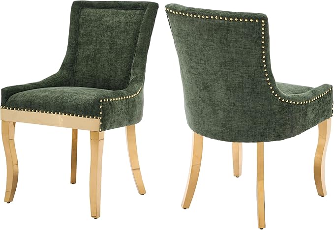 Luxury Fabirc Upholstered Dining Chairs Set of 2,Neutral Chenille Kitchen Room Chair with Nailhead Trim,Modern Padded Side Chairs for Dining Room,Living Room (Olive Green-Gold, Set of 2)