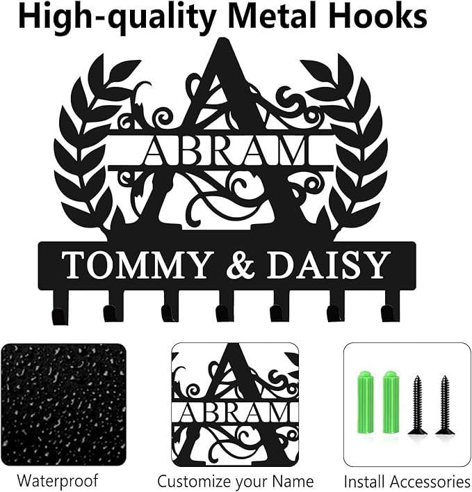 Personalized Metal Key Holder Wall Mount with Family Name Custom Key Hooks Wall Mounted Key Hooks Monogram Name Decor for Kitchen Entryway Hallway Office Doorway