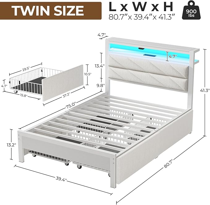 Seventable Twin Bed Frame with 4 Storage Drawers, Charging Station & LED Lights, Upholstered Headboard with 2-Tier Shelves, Metal Platform Bed, No Box Spring Needed, Noise-Free, White