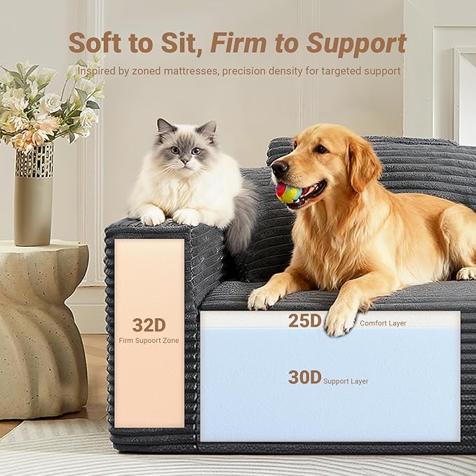 108" Boneless Couch, Cloud Couch Modular Sectional Sofa with Deeper Seat, L-Shaped Sofa with 4 Storage Pockets, Comfy Corduroy Couches for Living Room (Right Facing Chaise, Grey)