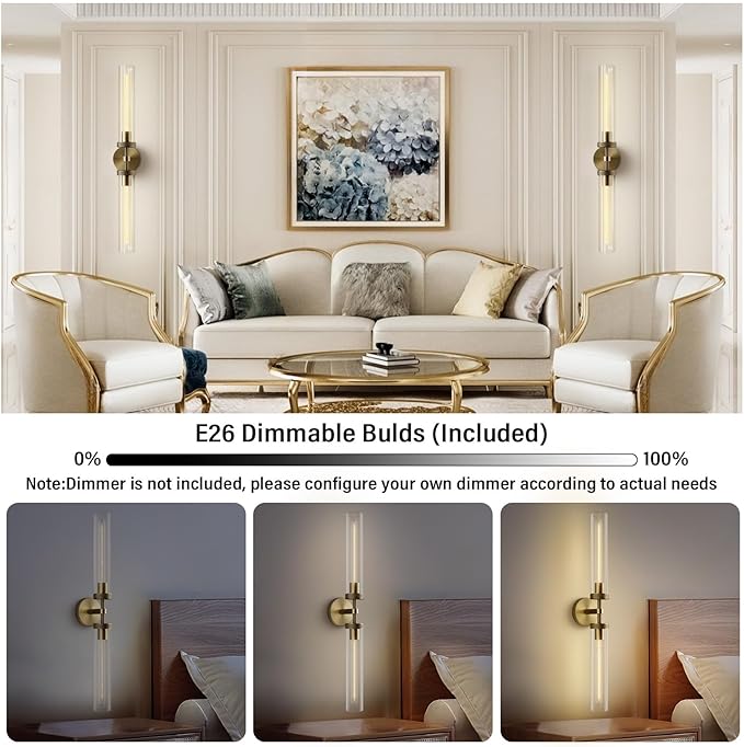 Brass Wall Sconces, 30in Gold 2-Light Double Glass Sconces Wall Lighting, Bathroom Knurled Vanity Light Sconces, Wall Lights for Living Room Bedroom（Including Bulb）