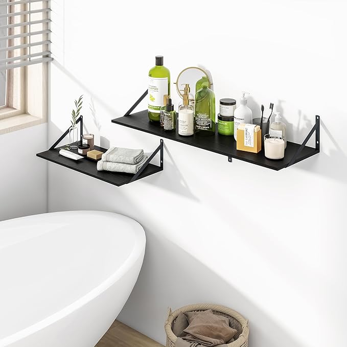 Heimlove Black Deep Floating Shelves for Wall, 48W x 12D Wood Wall Shelves Set of 2, Wide Floating Bookshelf for Living Room, Kitchen, Office, Bedroom and Decor Storage, with Metal Bracket - Black