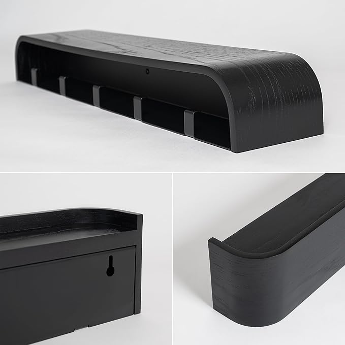 Kazai. Wall-Mounted Coat Rack 'Toke' - Modern Design Coat Rack with Hidden Wall Hooks - Solid Wood Veneer Panel Coat Hanger - Oak, Black