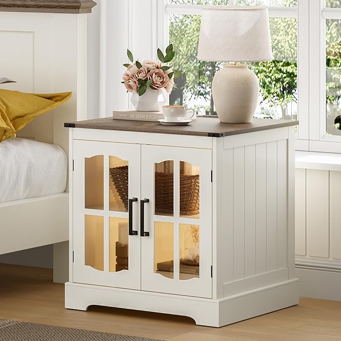 ChooChoo Farmhouse End Table with Charging Station, 24" Large Sofa Side Table with LED, Square Nightstand with Glass Barn Door, Bedside Table with Storage for Living Room, Beige（Cream and Brown