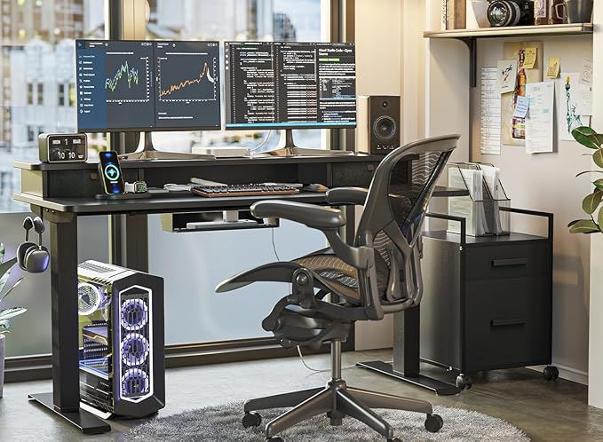 FEZIBO 48 x 24 Inch Height Adjustable Electric Standing Desk with Double Drawer, Computer Desk, Home Office Stand Up Table with 4 Height-Adjustable Feets & 2 Hooks, Black