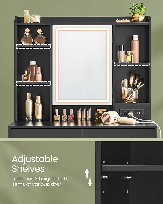 VASAGLE KAILYN Collection - Vanity Desk with Power Outlets, Makeup Vanity with Mirror and Lights, Upholstered Vanity Stool, LED Lights, 6 Compartments, 2 Drawers, for Bedroom, Ink Black URDT031B01