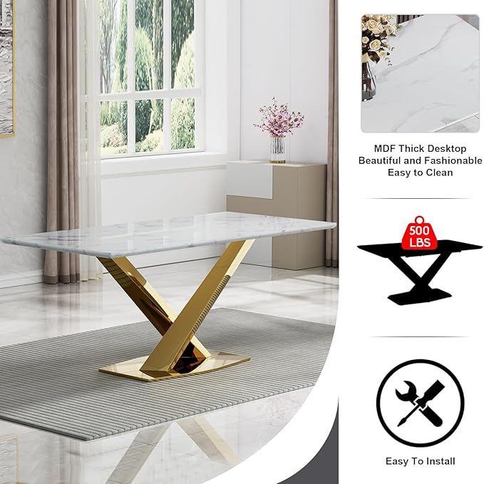 70" Faux Marble Dining Table Set for 6, 7-Piece Dining Set with White Gold Kitchen Table and 6 Velvet Tufted Chairs, Modern Rectangular Dining Room Table with X-Shape Stainless Steel Base