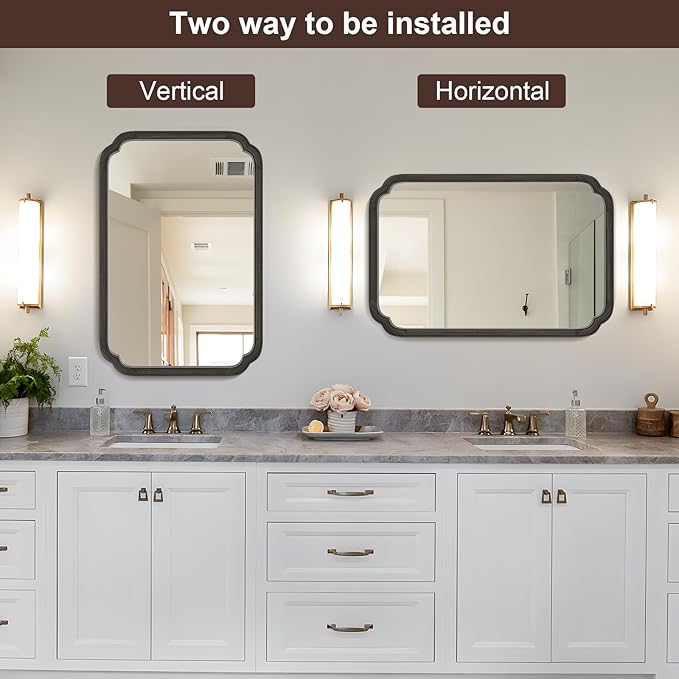 WallBeyond 24" x 36" Rounded Corner Arch Wall Mirror with Wood Frame for Entryway, Living Room or Bedroom Home Decor - Light Woodgrain [24" x 36" Black]