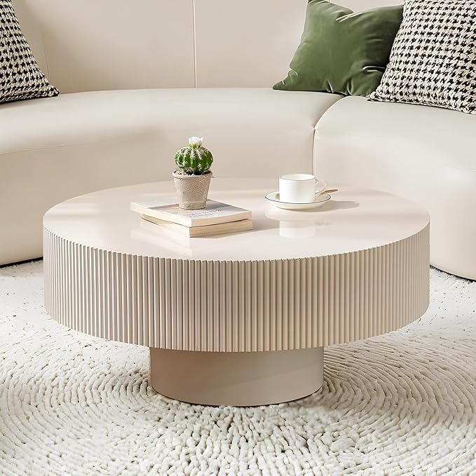 Round Coffee Table for Living Room, 30.91'' Modern Handcraft Drum Coffee Table Unique Fluted Coffee Tables Wood Center Table End Table for Small Space, Farmhouse Apartment Office (White Thickened)