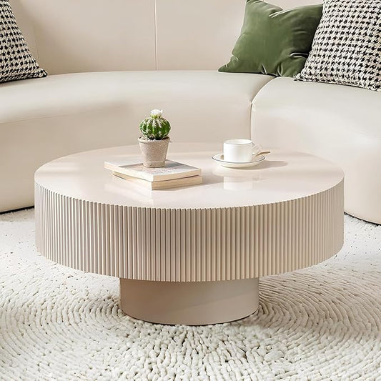 Round Coffee Table for Living Room, 30.91'' Modern Handcraft Drum Coffee Table Unique Fluted Coffee Tables Wood Center Table End Table for Small Space, Farmhouse Apartment Office (White Thickened)