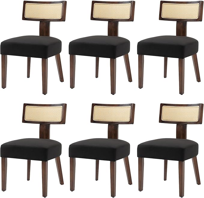 Upholstered Rattan Dining Chairs Set of 6, Mid-Century Modern Fabric Dining Room Chairs with Brown Hardwood Frame, Curved Backrest Kitchen Armless Accent Chairs for Living Room (Black)