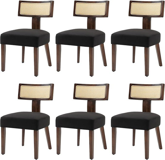 Upholstered Rattan Dining Chairs Set of 6, Mid-Century Modern Fabric Dining Room Chairs with Brown Hardwood Frame, Curved Backrest Kitchen Armless Accent Chairs for Living Room (Black)