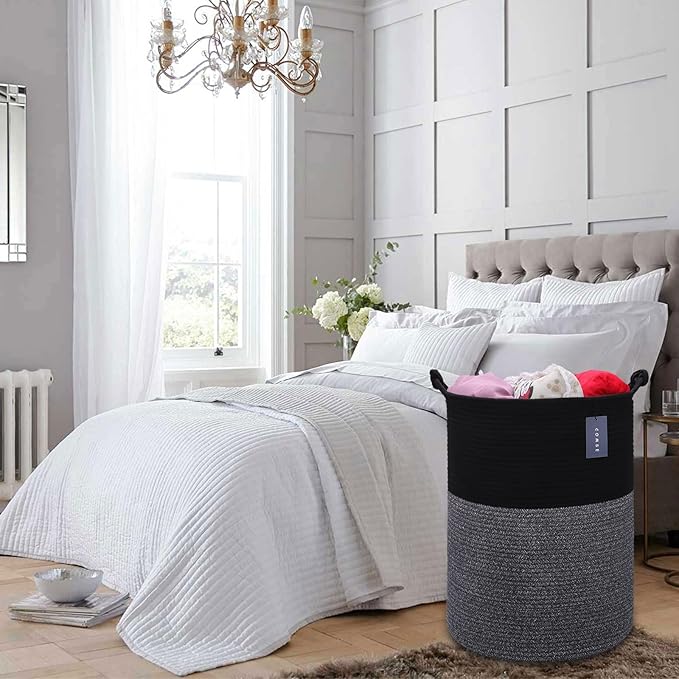 COMSE Extra Large Blanket Basket, Tall Woven Storage Basket, Nursery Hamper, 15.7”x 21.7”, Cotton Rope Laundry Hamper for Toys Clothes Towels, Black