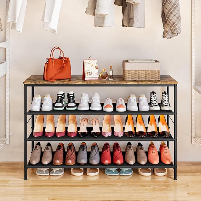 Shoe Rack Organizer 4 Tier Long Metal Organizer Shelf with Industrial MDF Board and Layer Fabric for Entryway Closet Bedroom Living Room Garage,Black & Rustic Brown