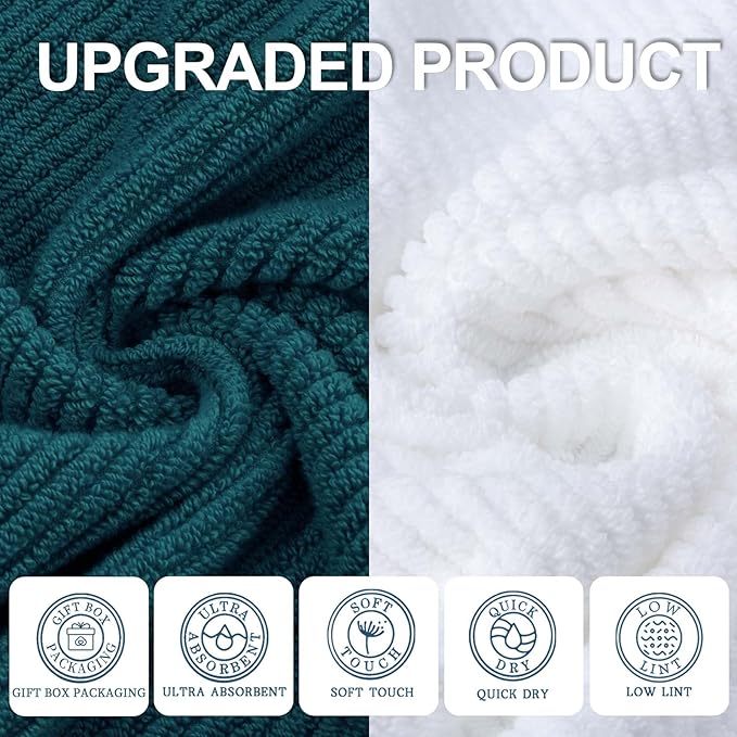 Towels for Bathroom - 100% Cotton | Quick Dry | Lightweight | Thick | Soft, 6 Piece Towel Set, 2 Large Bath 30"x56", 2 Hand 18"x28", 2 Wash Cloths 13"x13", Bathroom Decor Set, Deep Turquoise and White