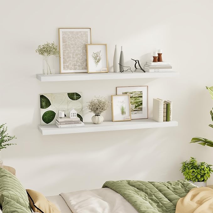 Fun Memories 55 Inch Floating Shelves for Wall 2 Pack Shelves for Bedroom|Kitchen|Bathroom 55 x 9.3 Inch Wood Floating Shelf with Invisible Brackets for Books|Storage|Decor, White