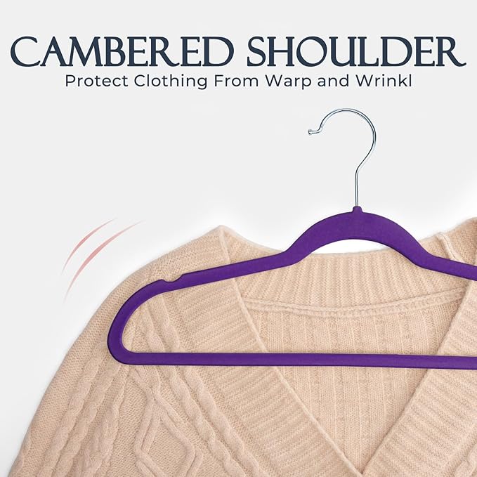 HOUSE DAY Noble-Purple Velvet Hangers 60 Pack, Non Slip Clothes Felt Hanger Heavy Duty for Coat, Premium Slim Space Saving Suit Hangers for Closet Organizer, 360° Rotating Silver Hook