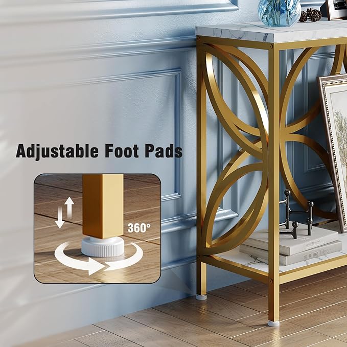 GiftGo Narrow Sofa Table 47.2 Inch, Industrial Sofa Table Behind Couch, Vintage Entry Console Table with Storage for Entryway, Living Room, Foyer, Elegant Design (White and Gold, 47.2)