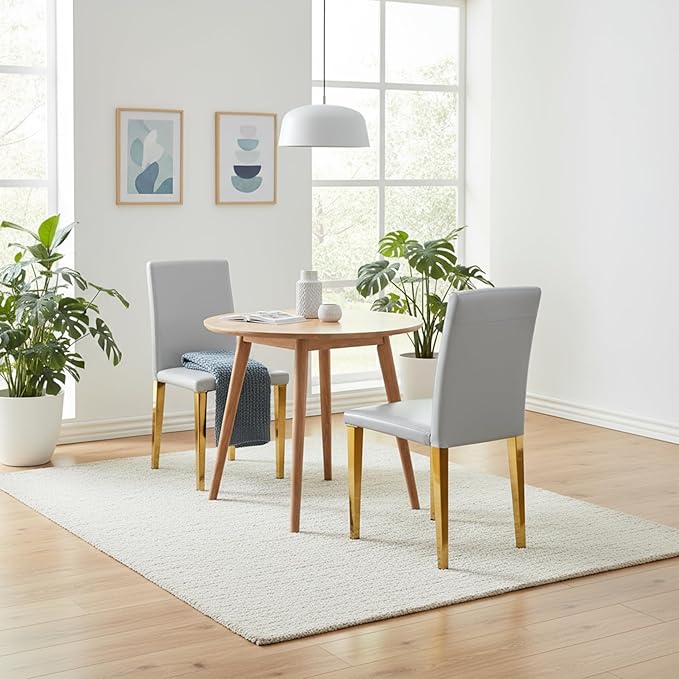 Modern Dining Chairs Set of 2, Light Gray PU Leather with Gold Metal Legs, High Back Kitchen Chairs, 35.4 Inch Height, Contemporary Minimalist Design