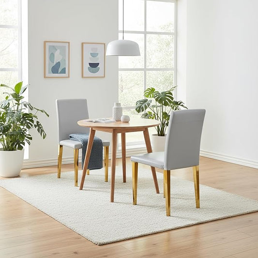 Modern Dining Chairs Set of 2, Light Gray PU Leather with Gold Metal Legs, High Back Kitchen Chairs, 35.4 Inch Height, Contemporary Minimalist Design