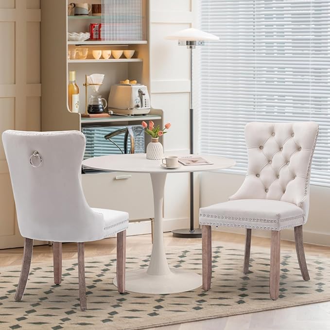 SoarFlash Kitchen Table and Chairs for 2, 31.5" Dining Table Set for 2 with Velvet Upholstered Chairs, 3 Piece Round Kitchen Table Set, Dining Room Table Set for Small Space, Apartment, Beige/White