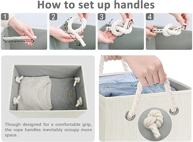 StorageWorks Storage Bins with Lids, Decorative Storage Boxes with Lid and Soft Rope Handles, Foldable Storage Baskets for Closet, Shelves, Stackable, 3-Pack, Ivory and White, Large