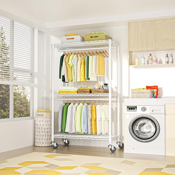 FUTASSI P3 Rolling Clothes Rack, Clothing Racks for Hanging Clothes, Heavy Duty Garment Rack with Wheels, Freestanding Portable Closet Organizer 39.4''W x 14''D x 78.5''H, Max Load 464 LBS, White