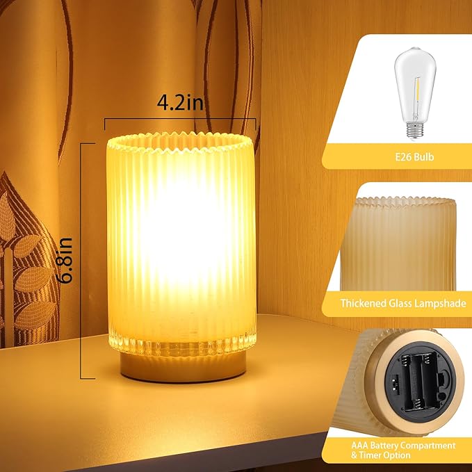 Battery Operated Lamp, Cordless Table Lamp with Timer, Desk Bedside Lamps with LED Warm Light, Glass Small Table Lamp for Bedroom, Bathroom, Living Room, Home Decor - Matte Amber